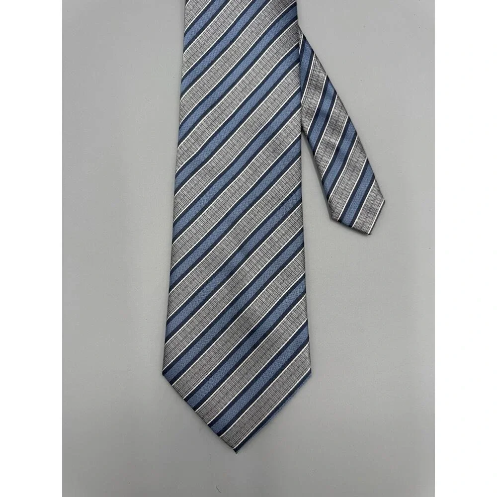 Kenneth Cole Striped Silver Gray Blue Silk Necktie Tie 56